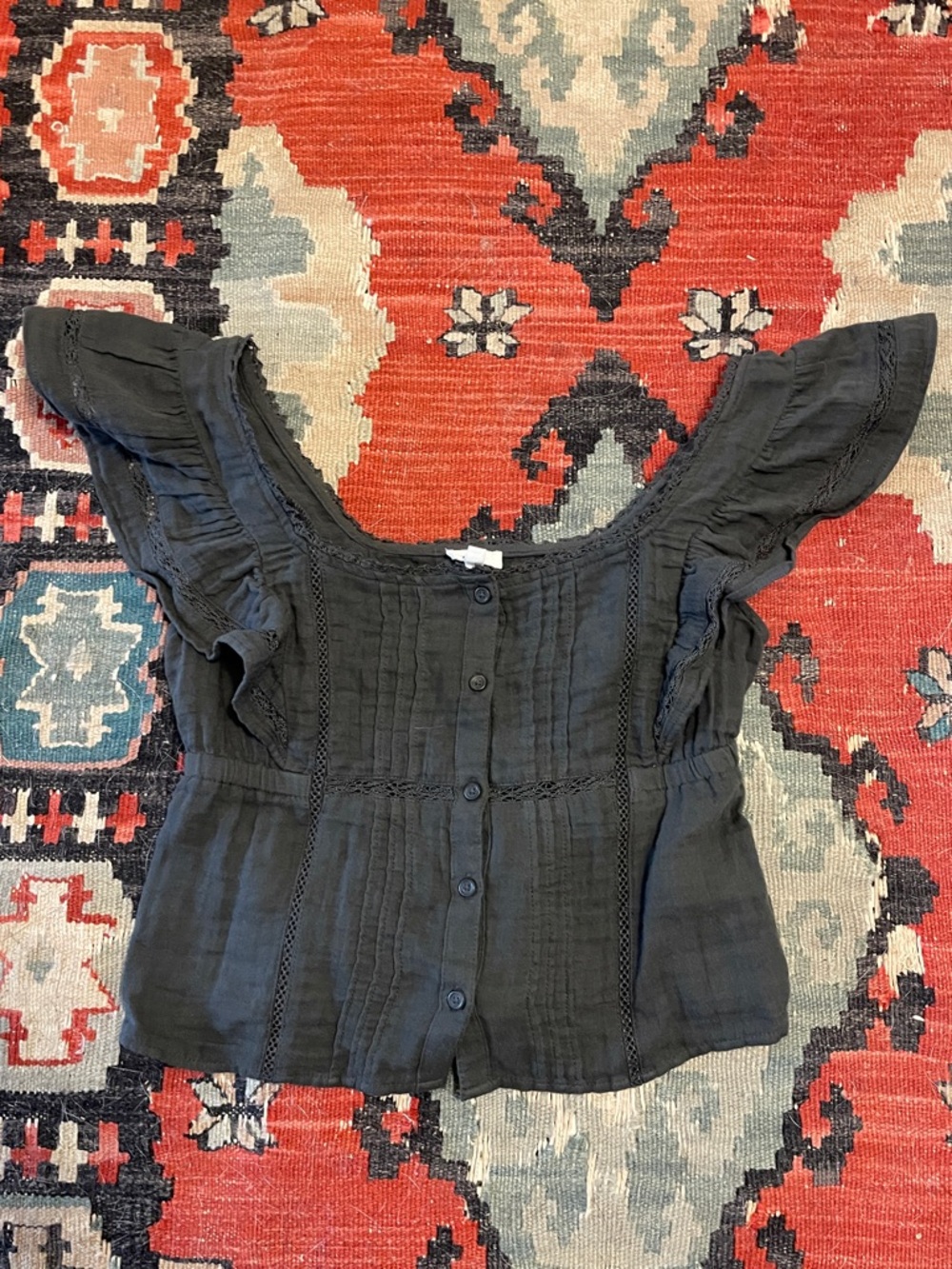 EUC Aerie Grey Ruffle-Sleeve Cotton Blouse